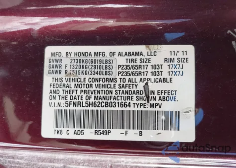 2012 Honda Odyssey Ex-L z USA, uszkodzony, nr VIN 5FNRL5H62CB031664